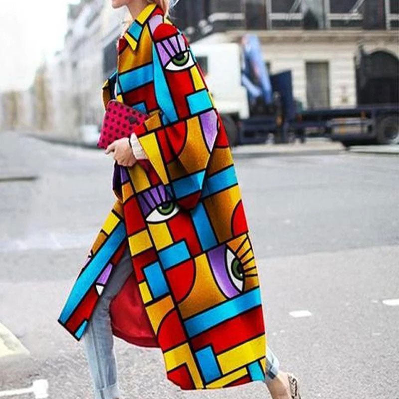 Print Turndown Neck Flared Sleeve Long Coat