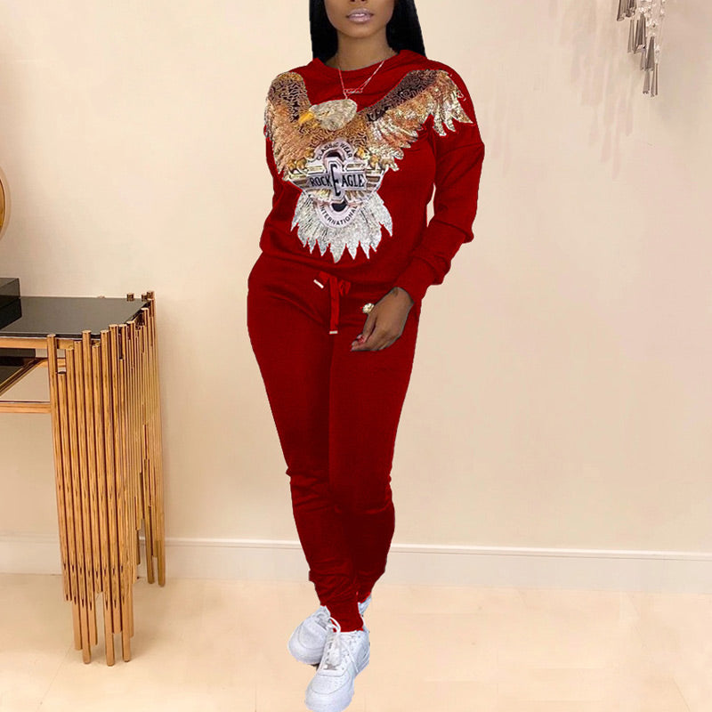 Sequins Eagle Print Long Sleeve Top & Drawstring Pants Set