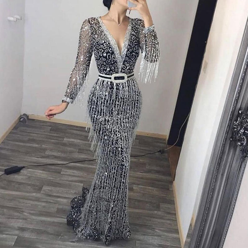 Rhinestone Beaded Deep V-Neck Tassel Design Maxi Dress