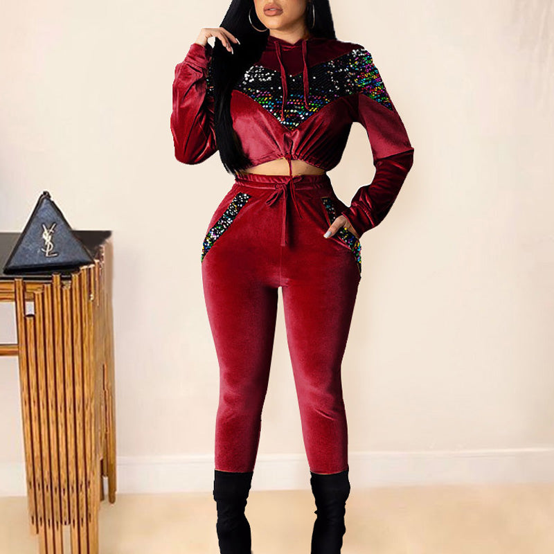 Sequins Patchwork Long Sleeve Hoodie Top & High Waist Pants Set