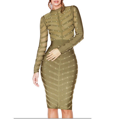 Beaded Long Sleeve Sheer Mesh Bodycon Dress