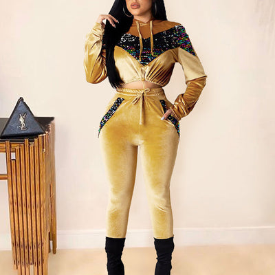 Sequins Patchwork Long Sleeve Hoodie Top & High Waist Pants Set