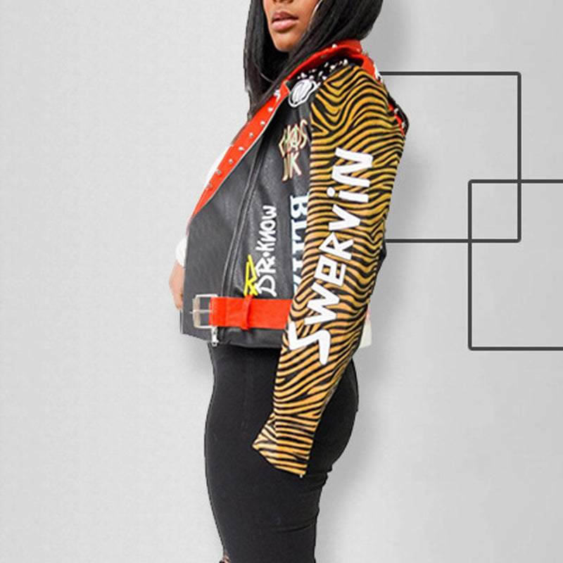 PU Tiger Print Patchwork Lapel Zipper Design Long Sleeve Jacket With Belt