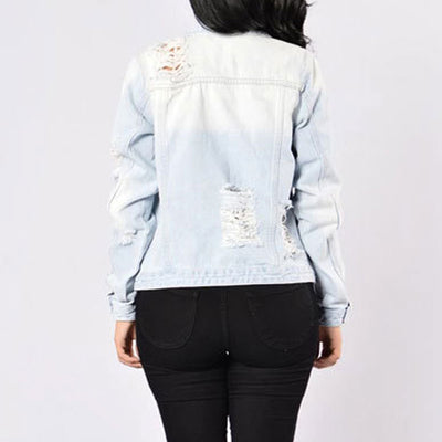 Solid Long Sleeve Button Detailed Ripped Denim Coat