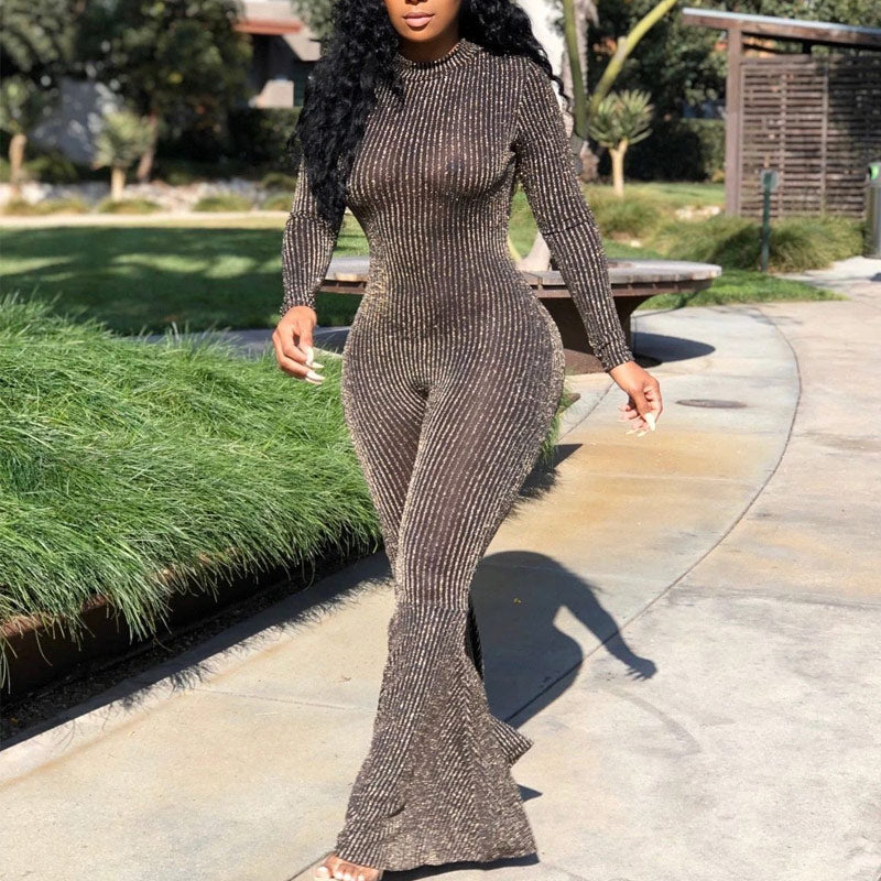 Solid Long Sleeve Bell Bottom Jumpsuit