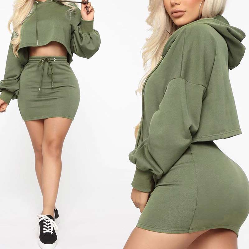 Solid Long Sleeve Hoodie Top & Skirts Set