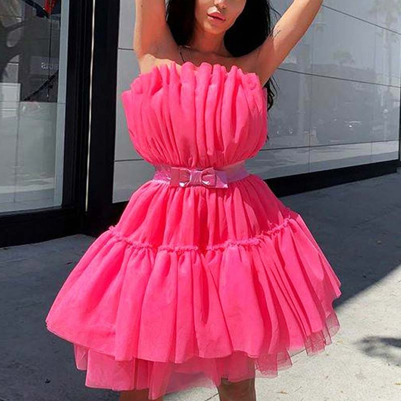 Solid Off Shoulder Candy Mesh Party Dress