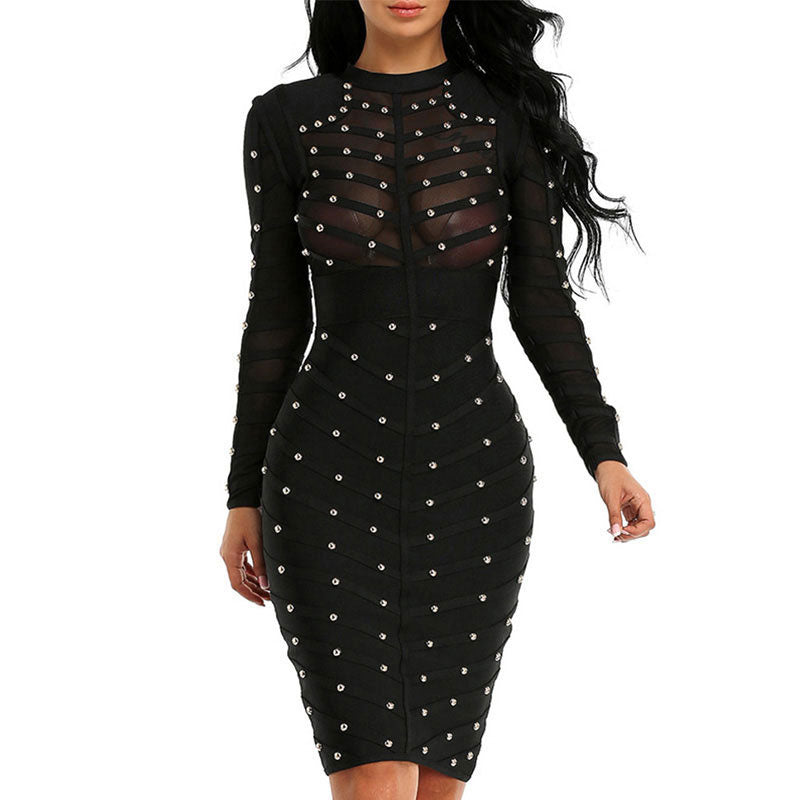 Beaded Long Sleeve Sheer Mesh Bodycon Dress