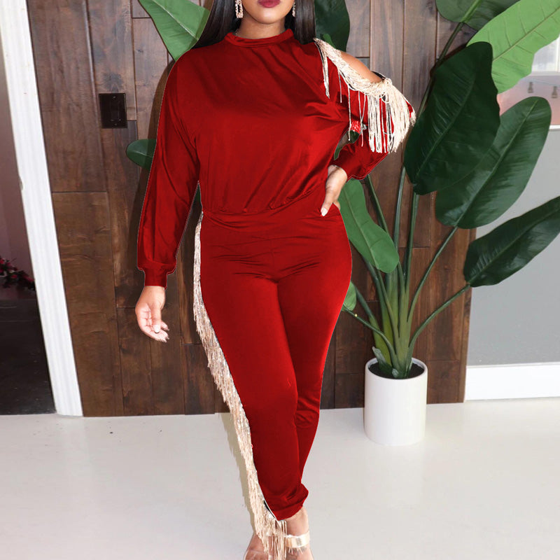 Tassels Design One Shoulder Long Sleeve Top & Pants Set