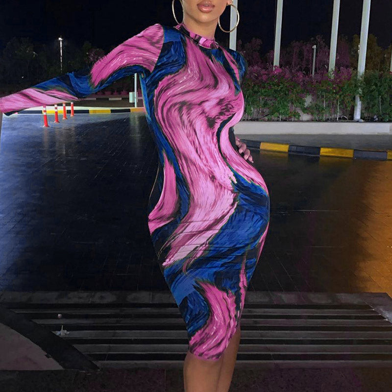 Colorblock Tie Dye Print Long Sleeve Bodycon Dress