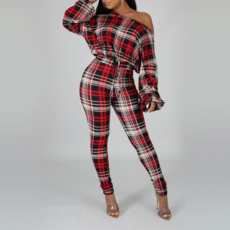 Plaid Pattern Long Sleeve Knotted Blouse & Pants Set