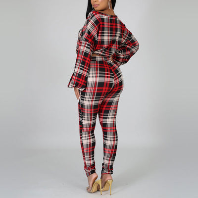 Plaid Pattern Long Sleeve Knotted Blouse & Pants Set