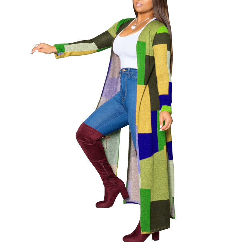 Colorblock Print Long Sleeve Windbreaker Long Coat Cardigan