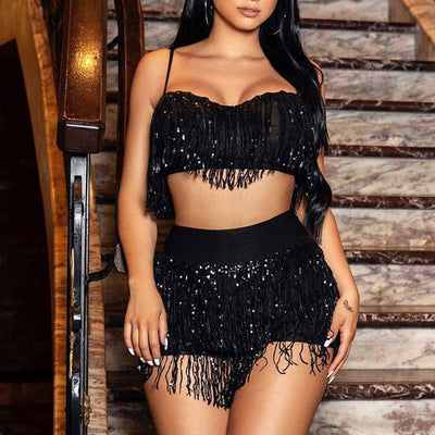 Sequins Sleeveless Tassel Design Top & Shorts Set