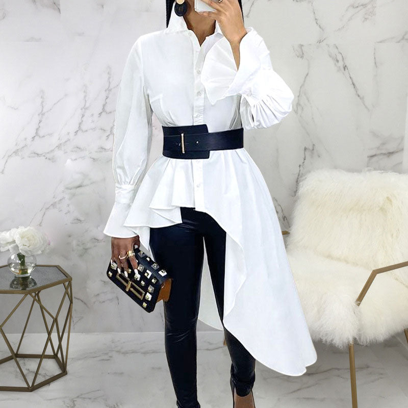 Solid Flared Sleeve Asymmetrical Shirt Dress