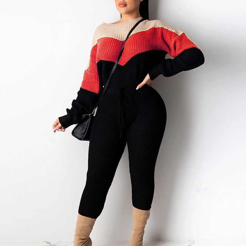 Colorblock Long Sleeve Ribbed Two Piece Set