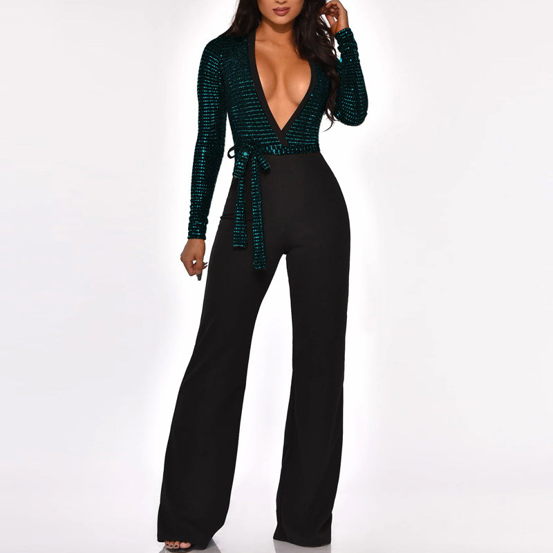 Sequins Deep V-Neck Tied Jumpsuit