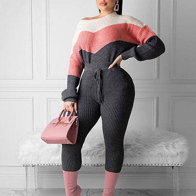 Colorblock Long Sleeve Ribbed Two Piece Set