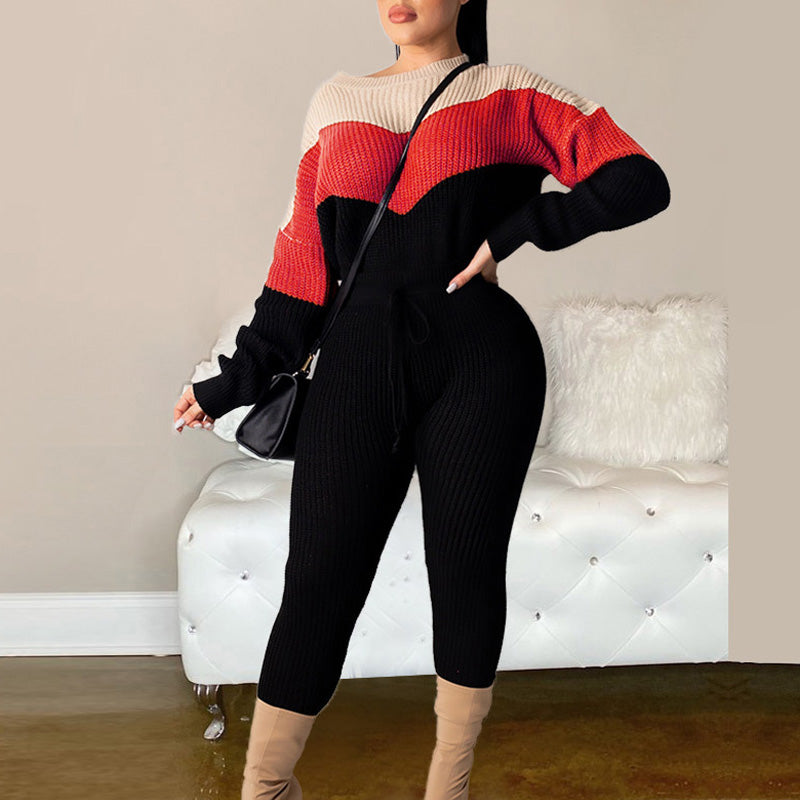 Colorblock Long Sleeve Ribbed Two Piece Set