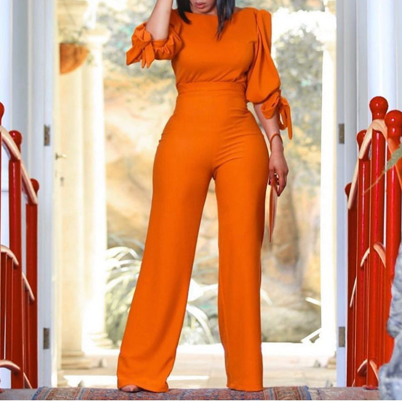 Solid Ruffled Long Sleeve Top & High Waist Wide Leg Pants Set