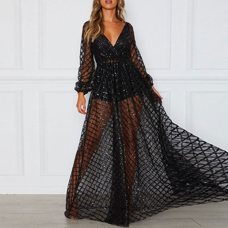 Sequins Deep V-Neck Long Sleeve See Through Dress