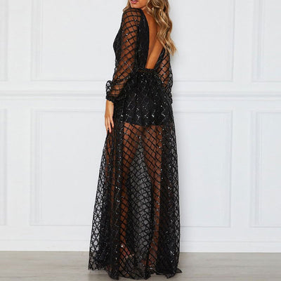 Sequins Deep V-Neck Long Sleeve See Through Dress