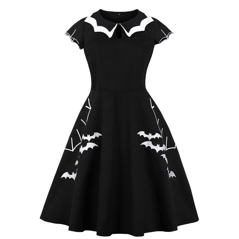 Halloween Bat Print Turndown Neck Short Sleeve Dress