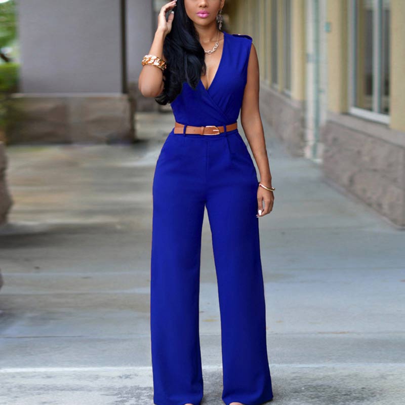 Solid Deep V-Neck Sleeveless Jumpsuit