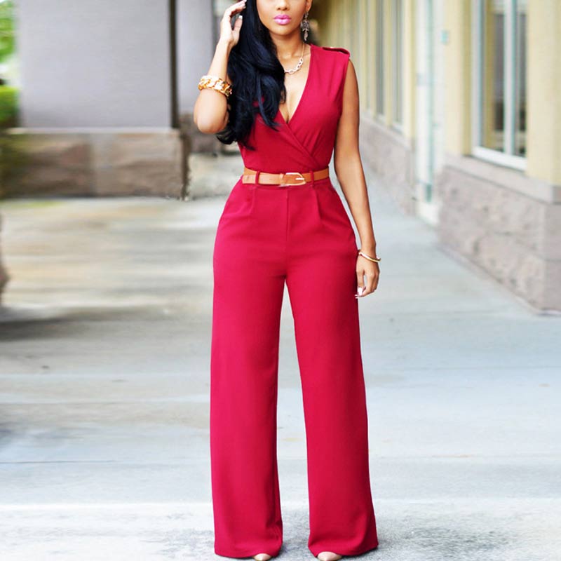 Solid Deep V-Neck Sleeveless Jumpsuit