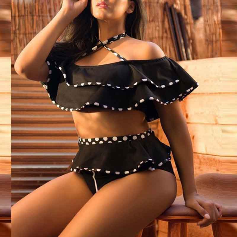 Print Halter Ruffle Design 2PCS Swimsuit Set