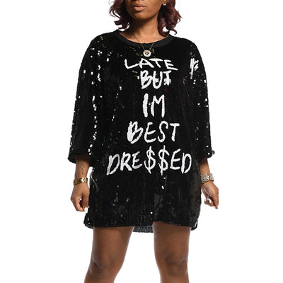 Letter Print Sequins Long Sleeve Long Top