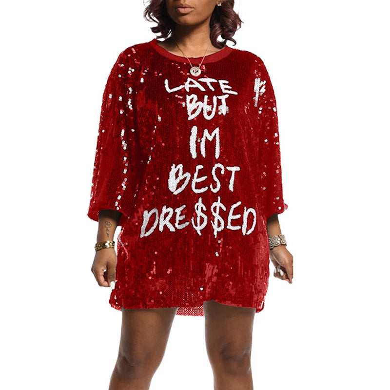 Letter Print Sequins Long Sleeve Long Top