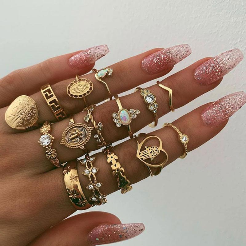 15PCS Studded Geo Pattern Rings Set