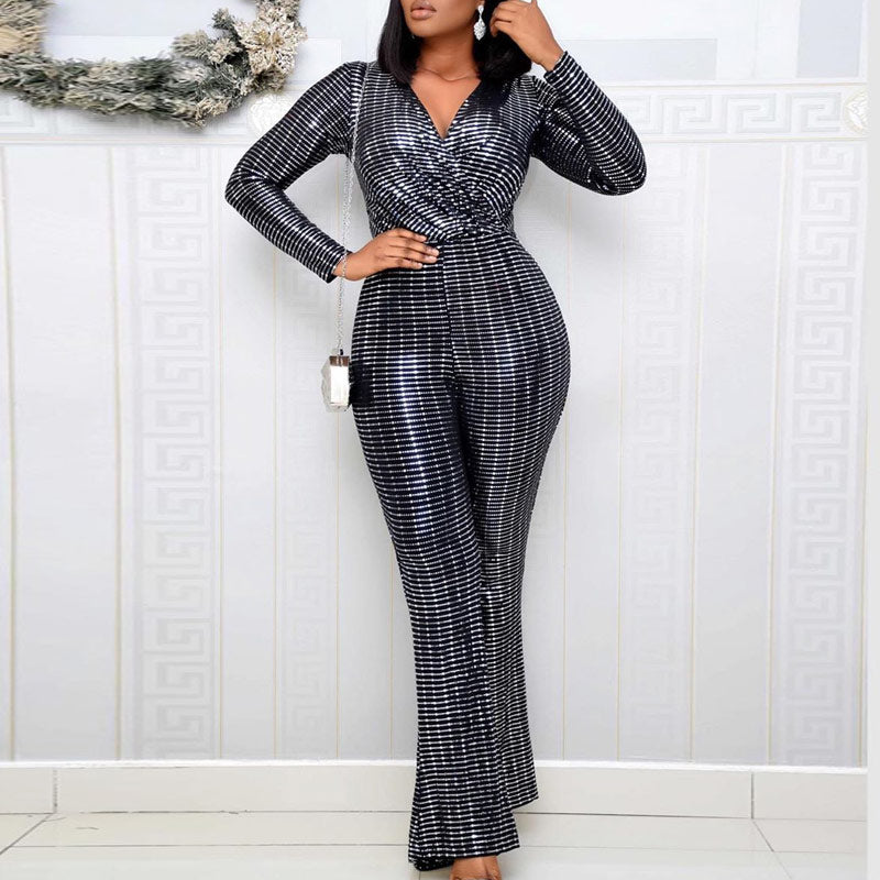 Sequins V-Neck Strip Long Sleeve Bell Bottom Jumpsuit