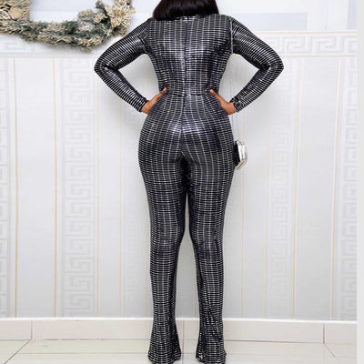 Sequins V-Neck Strip Long Sleeve Bell Bottom Jumpsuit