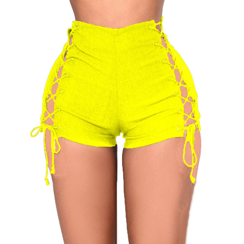 Solid High Waist Eyelet Lace Up Denim Shorts