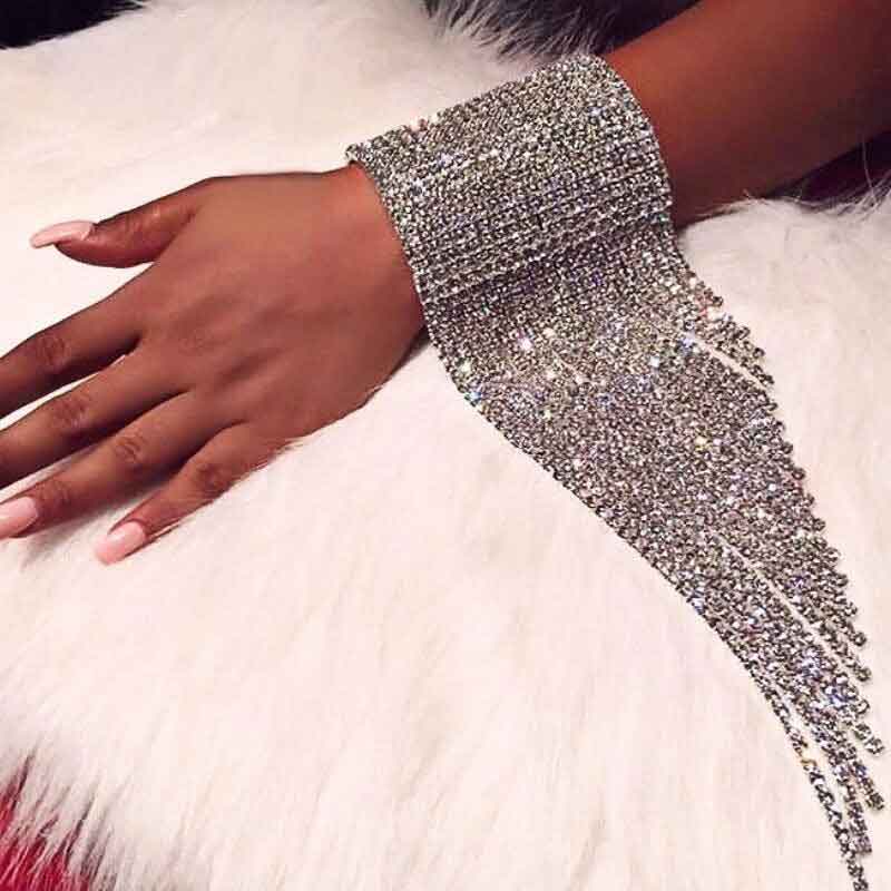 Rhinestone Asymmetrical Tassel Design Wide Bracelet