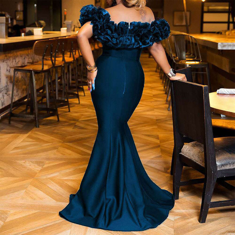 Solid Off Shoulder Ruffles Floor-Length Evening Dress