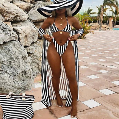 Striped Pattern Long Sleeve Swimsuit & Cover Up Set