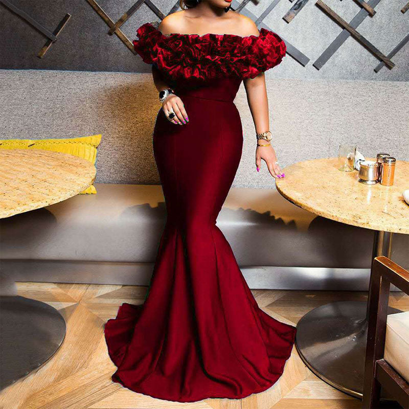 Solid Off Shoulder Ruffles Floor-Length Evening Dress