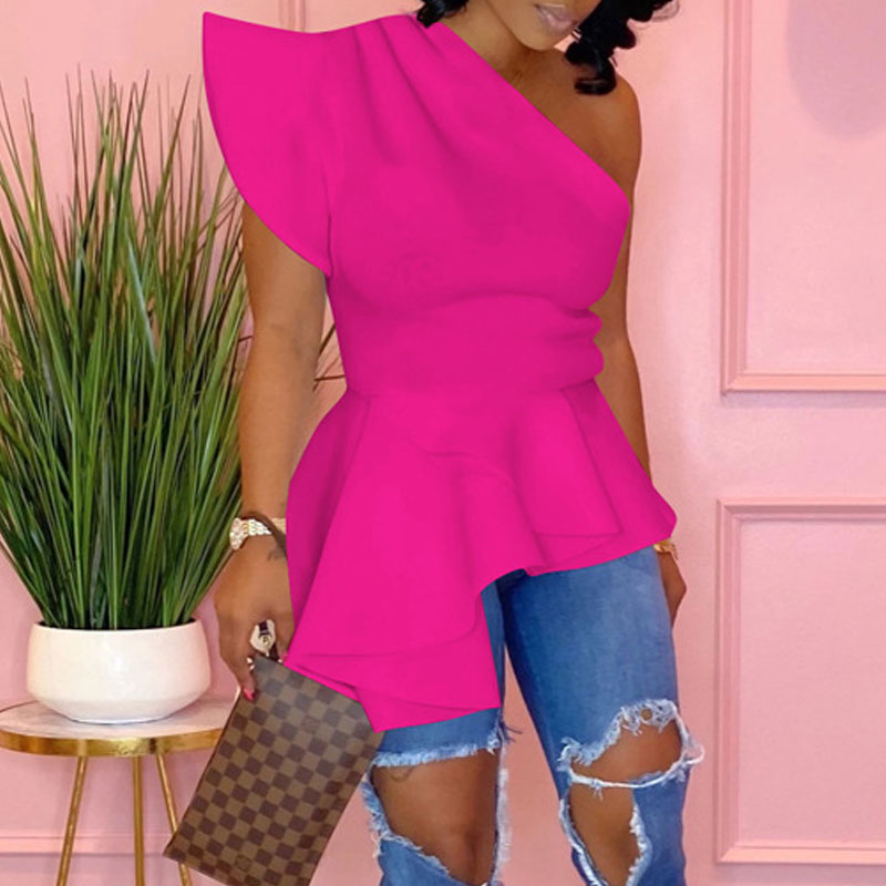 Solid One Shoulder Ruffles Irregular Top