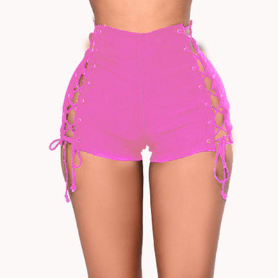 Solid High Waist Eyelet Lace Up Denim Shorts