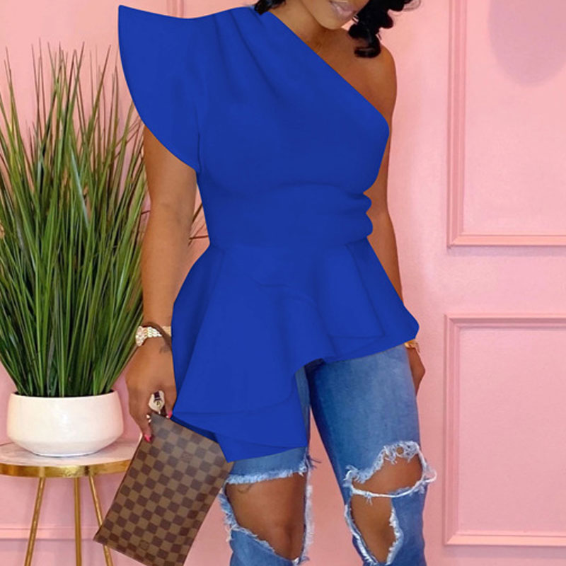 Solid One Shoulder Ruffles Irregular Top