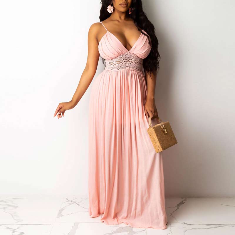 Solid Deep V-Neck Sleeveless Lace Patchwork Maxi Dress