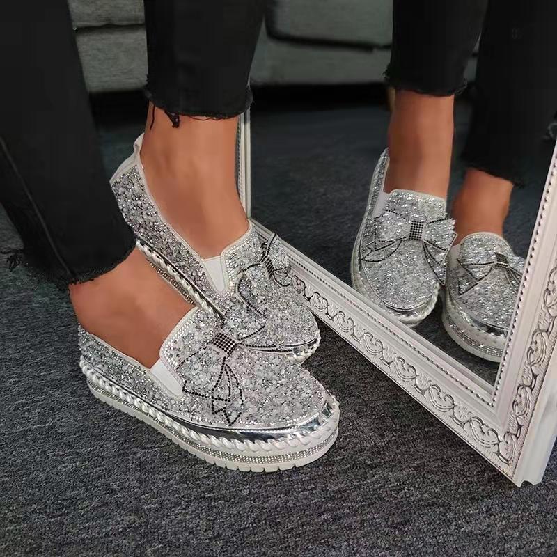 Rhinestone Bow Tie Round Toe Platform Sneakers - Cherrybetty