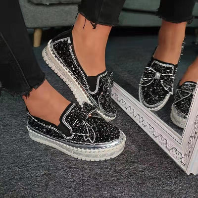 Rhinestone Bow Tie Round Toe Platform Sneakers - Cherrybetty