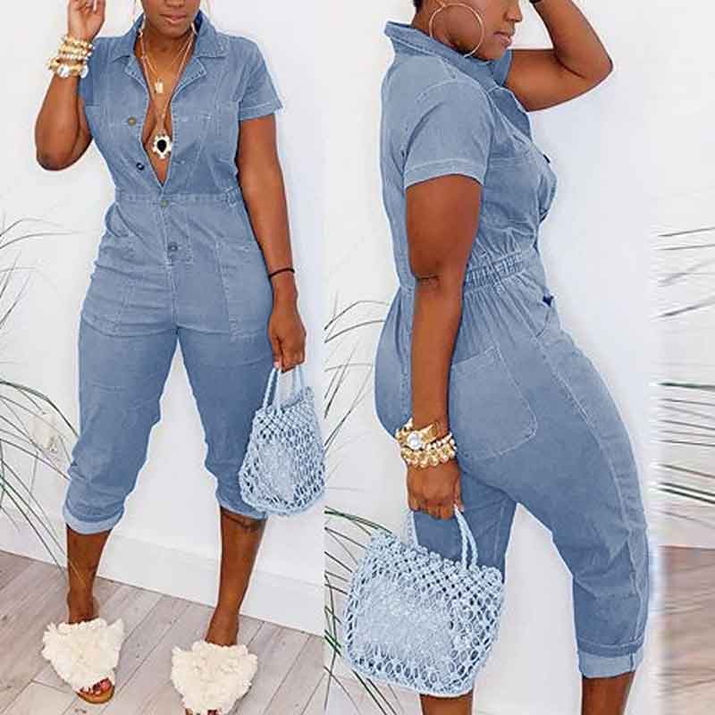 Solid Short Sleeve Button Detailed Jumpsuit