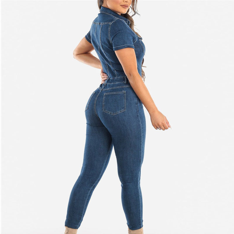 Solid Button Detailed Pocket Design Skinny Denim Jumpsuit