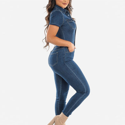 Solid Button Detailed Pocket Design Skinny Denim Jumpsuit