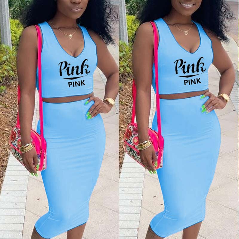 Letter Print Sleeveless Deep V-Neck Two Piece Skirt Set